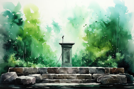 Watercolor podium with a microphone in the park.の素材