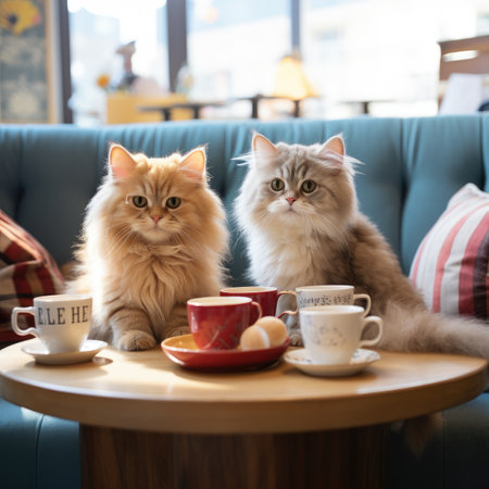 Two persian cats sitting on a table in a coffee shop.の素材