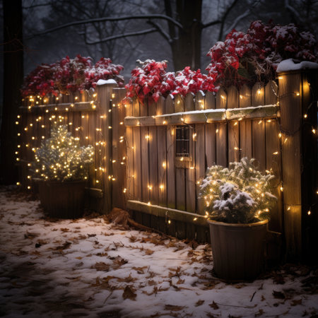 Wooden fence decorated with Christmas lights in a snowy forest at nightの素材