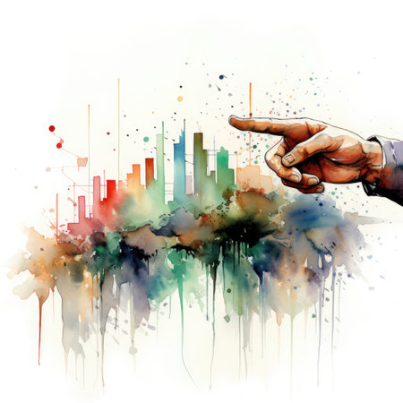 Watercolor Businessman's hand pointing at a big city.の素材