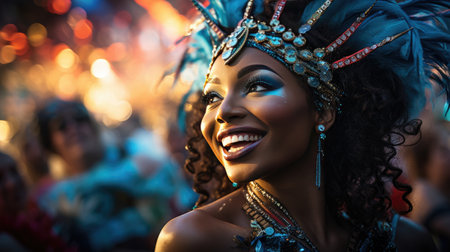 Portrait of a beautiful young woman in carnival costume at nightの素材