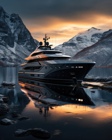 Luxury yacht on the fjord at sunsetの素材