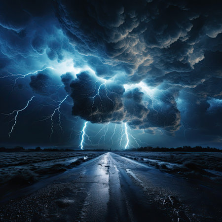 Lightning strikes the road. Stormy weather. Nature background.の素材