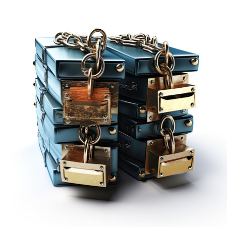 a stack of blue suitcases with chain and padlockの素材