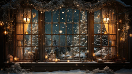 Window in winter with snow and christmas lights.の素材