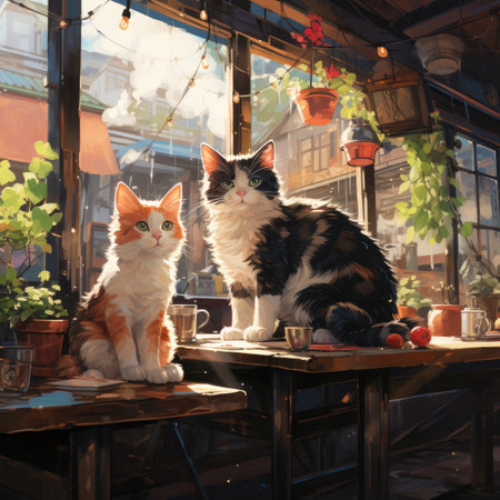 Two cats sitting in a cafe on the terrace of a restaurantの素材