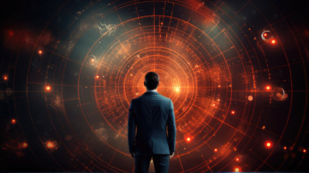 Businessman in front of a technological background with circles, lines and dotsの素材
