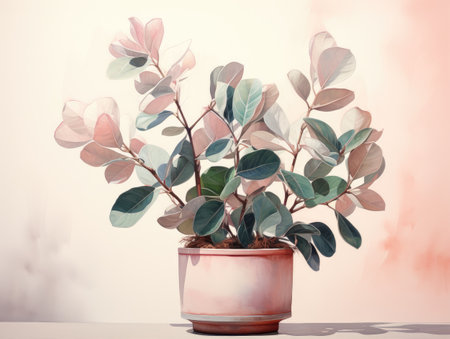 Vase with eucalyptus leaves on the table.の素材