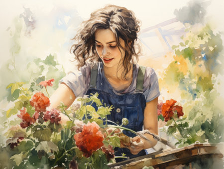 Watercolor Young beautiful woman working in the garden.の素材