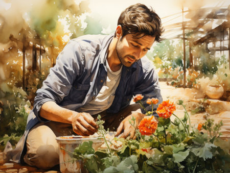 Watercolor Young man working in a greenhouseの素材