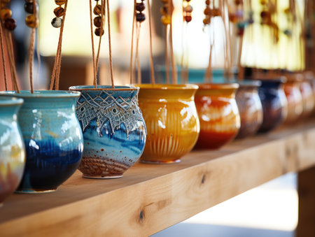 Colorful ceramic pots on wooden shelf in pottery shop, closeupの素材