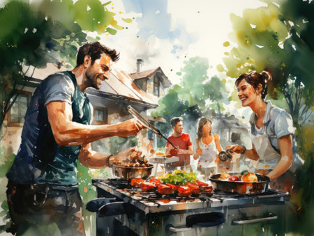 Young couple cooking in the garden on a summer day.の素材