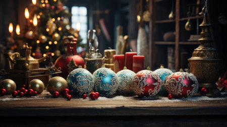 Christmas still life with ornaments and candles on wooden background.の素材