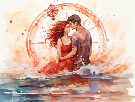 Watercolor Beautiful couple on the background of the sea.の素材