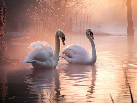 Beautiful couple of white swans swimming in the lake at sunriseの素材