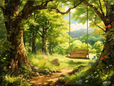 Beautiful summer landscape with a swing in the forest.の素材