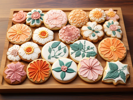 Colorful cookies in the shape of a flower on a wooden trayの素材