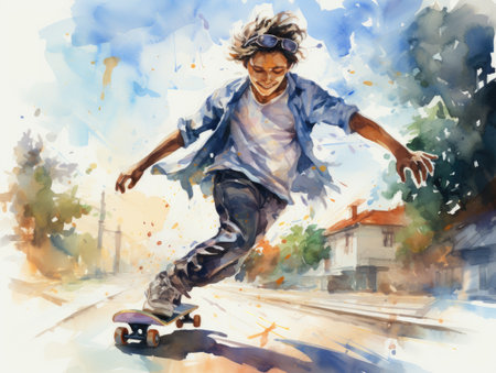 Young man riding a skateboard on the street. Watercolor paintingの素材