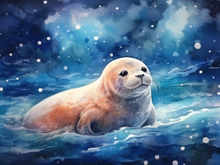 Watercolor Seal on the sea.の素材