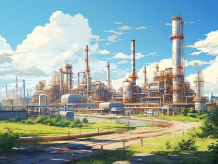 Oil refinery plant with blue sky and white clouds. Digital painting.の素材