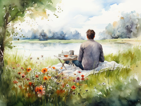 Watercolor Young man sitting on a picnic by the lake.の素材