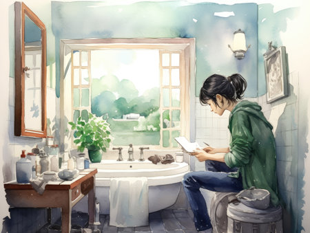 Watercolor Young man reading a book in the bathroom.の素材