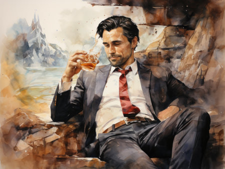 Businessman with a glass of whiskey in hand.の素材