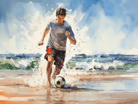 Watercolor Young man playing soccer on the beach.の素材
