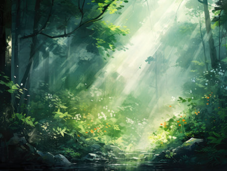 Fantasy forest with river and sun rays.の素材