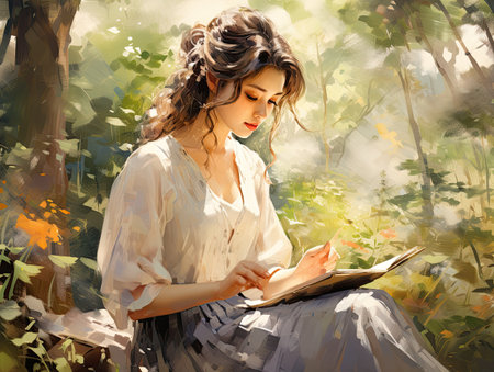 Beautiful young woman reading a book in the forest.の素材
