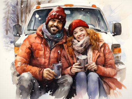 Watercolor Young Couple Drinking Coffee in Winter Car.の素材