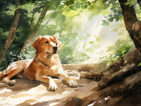 Watercolor Golden Retriever in the forest.の素材