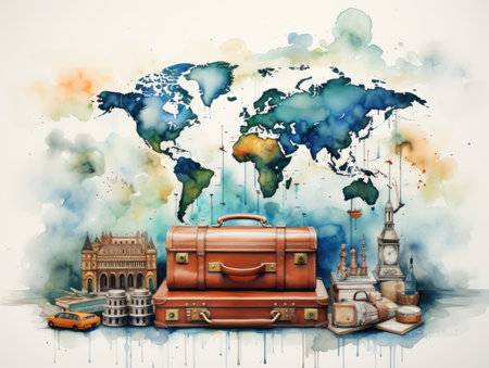 Traveling around the world concept with world map and luggage on watercolor backgroundの素材