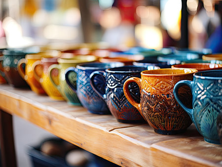 Colorful ceramic cups on the counter of a souvenir shop.の素材