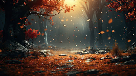 Mysterious autumn forest with falling leaves.の素材