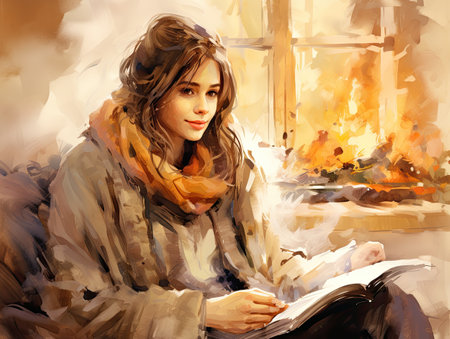 Young woman reading a book in front of the window.の素材