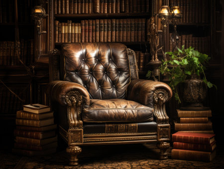 Luxury leather armchair with books in a dark room.の素材