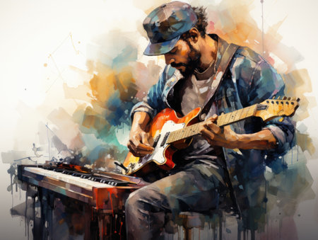 a musician playing the electric guitar in front of a music backgroundの素材