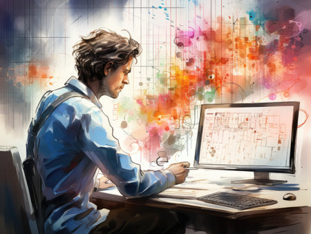 Young man in casual sitting at desk with computer and colorful abstract backgroundの素材