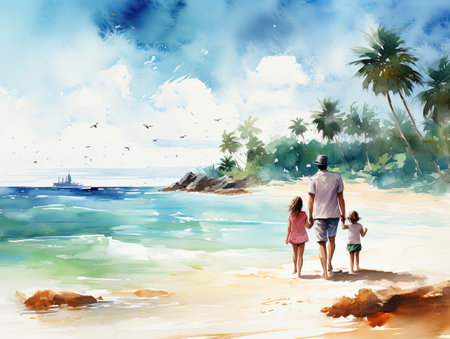 Father and daughter walking on the beach on a sunny day.の素材