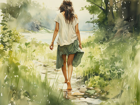 Watercolor Young woman walking on the river bank.の素材