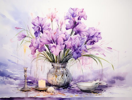 Bouquet of irises in a glass vase on a tableの素材