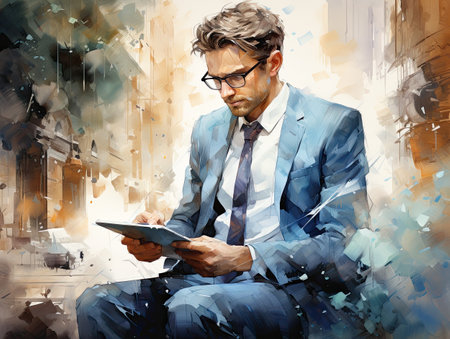 a young businessman using a digital tablet while sitting on a chair in the cityの素材