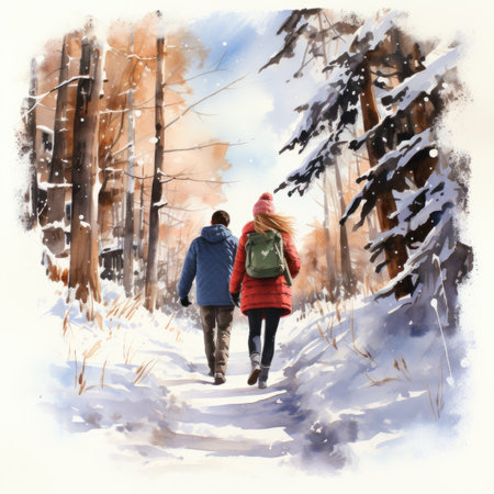 Watercolor Young Couple Walking in Winter Forest.の素材