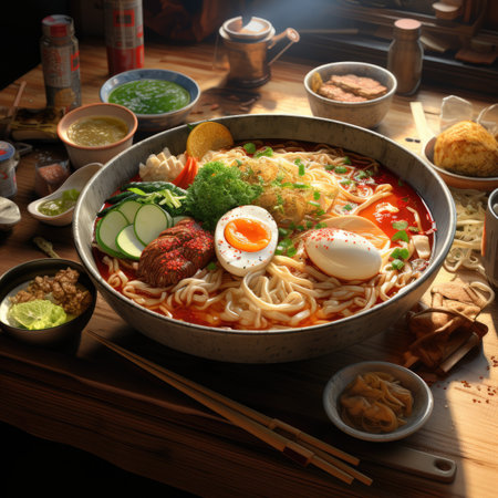 Japanese ramen noodle soup with egg and vegetables on wooden tableの素材