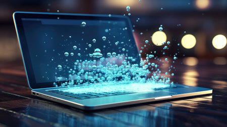 Laptop with digital hologram on the screen.の素材