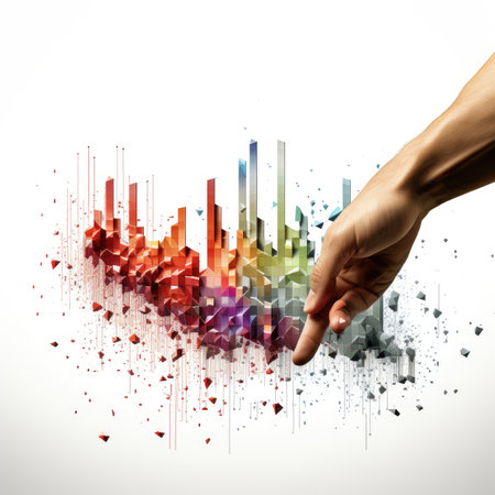 Close up of human hand touching with finger abstract colorful graphs and diagramsの素材