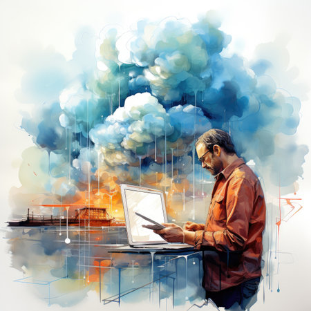 Man working with a laptop on a background of a large industrial areaの素材