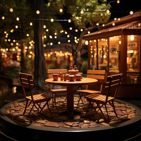 Restaurant with tables and chairs on the street at night.の素材