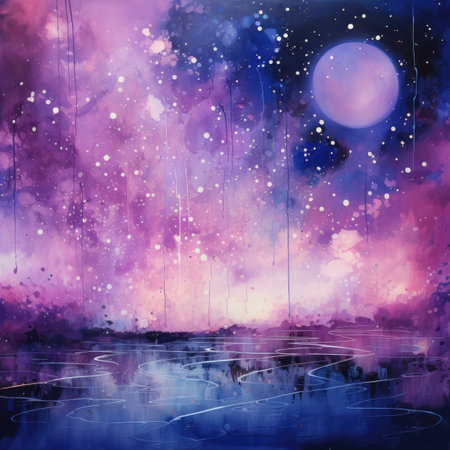 Watercolor Night sky with full moon and stars.の素材